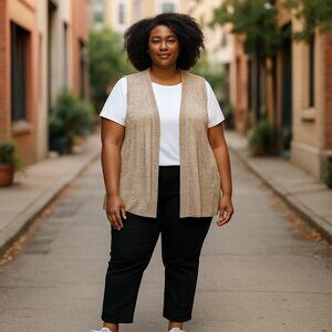 Salon Studio Tan & White Basket Weave Knit Sleeveless Vest SZ XX Academia Preppy